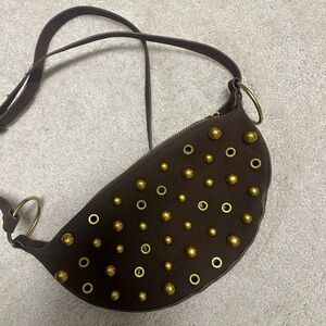 Brown Studded Crescent Crossbody Bag